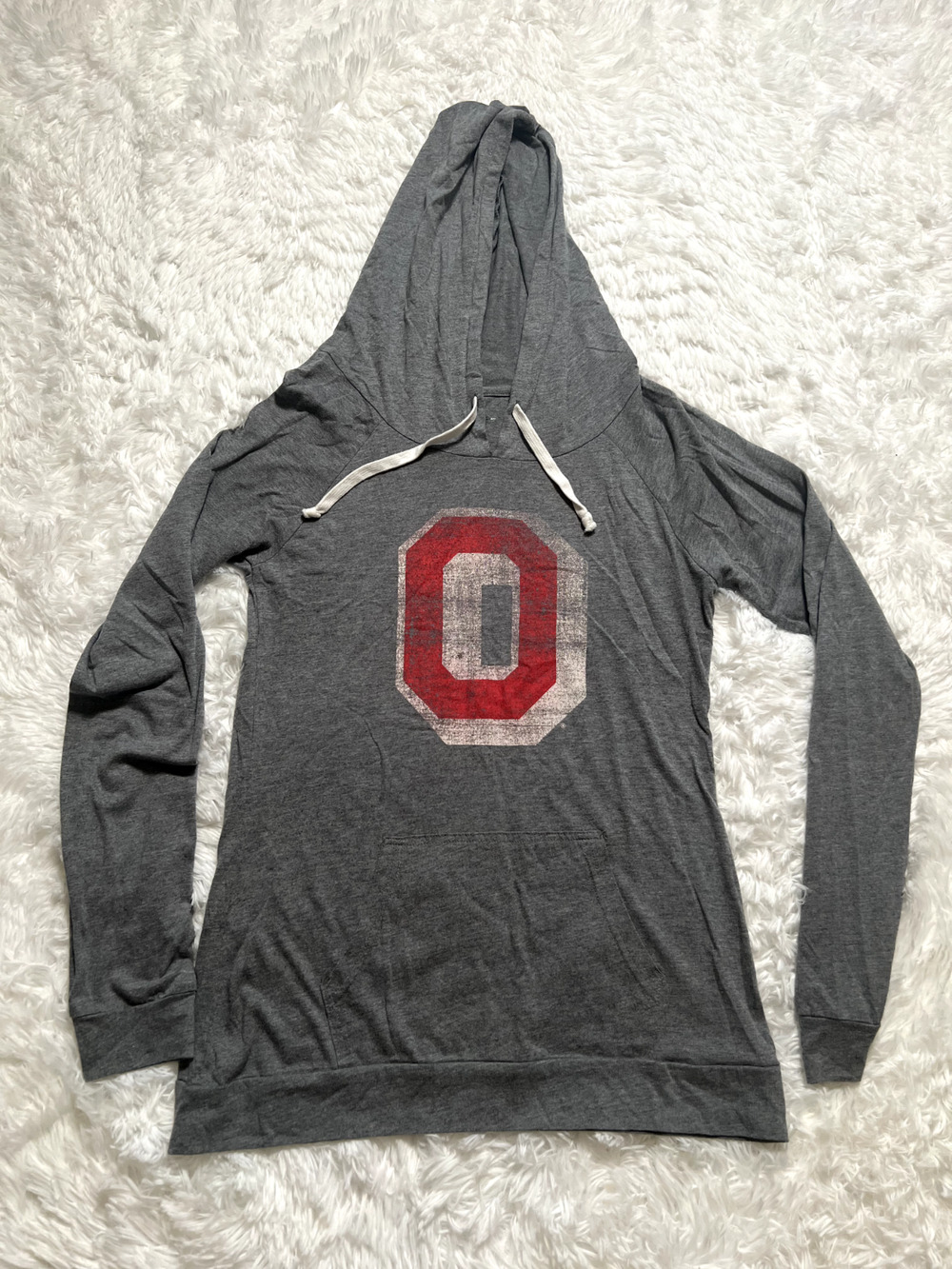 Women’s Scarlet and Grey Ohio State Graphic Long Sleeve, Hooded T Shirt Size M